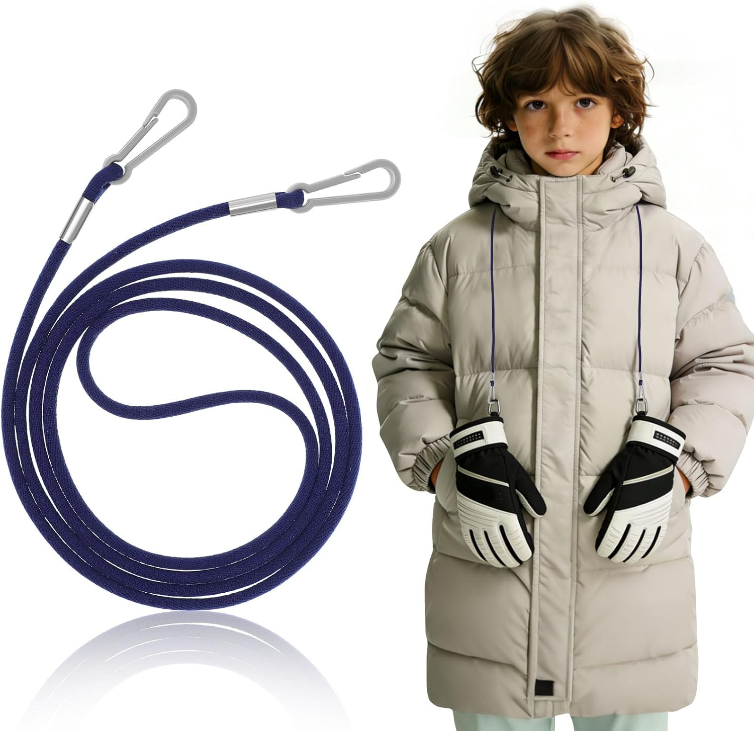 HANABASS Elastic Mitten Clips for Kids Toddlers, Glove Leash with Stainless Steel Clips for Boys Girls, Adjustable Mitten Straps String Holder for Winter Accessories, Navy Blue