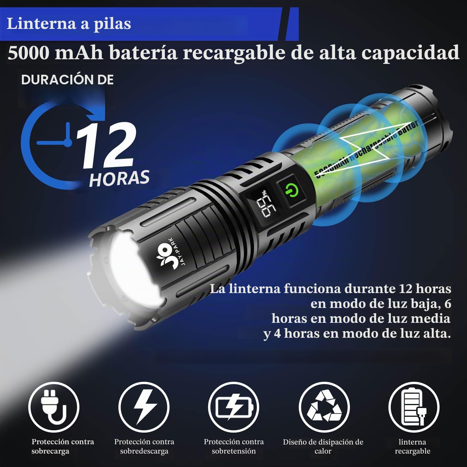JAY-PARK Linternas LED Alta Potencia 1000000 Lumen, Linterna Recargable con Batería 5000 mAh, Linterna Potente 5 Modos, Zoomable, IPX7 Impermeable, Linerna Tactica Para Camping Senderismo Emergencias