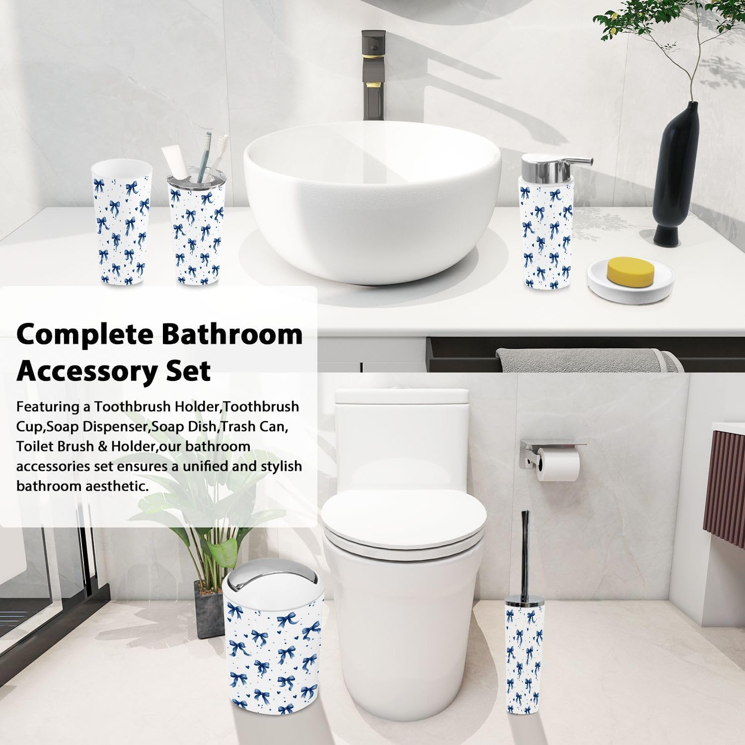 Bathroom Accessory Set 6PCS Blue Bow Heart Star Accents White Trash Can, Soap Dispenser, Toothbrush Holder, Toothbrush Cup, Toilet Brush Holder, Soap Dish for Gifts