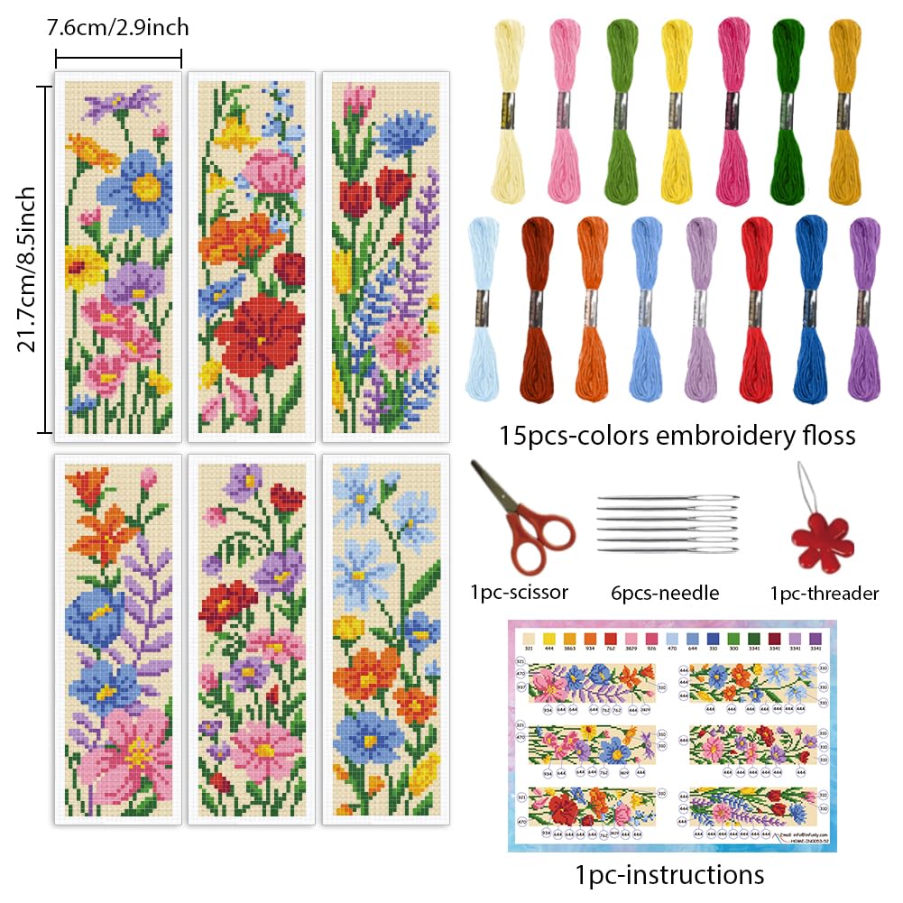 INFUNLY 6 Set Wildflowers DIY Cross Stitch Bookmark Kits for Beginners Colourful Flowers Counted Cross Stitch Kit with Instruction Floral Stamped Embroidery Bookmark Kit for Book Lovers Readers Gift - Image 2