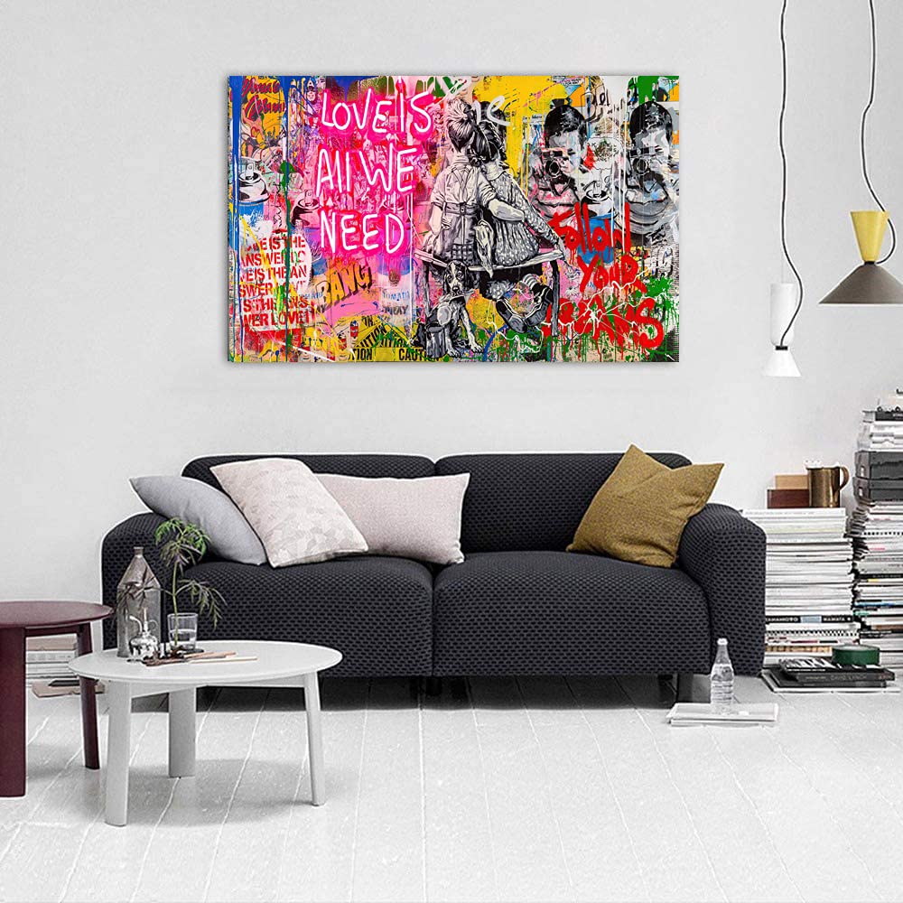 Banksy Kunst auf Leinwand Bild Love is All We Need Graffiti Street Art Wand Bild Pop Art Gemälde Kunstdruck Modern Wandbilder XXL Wanddekoration (Mit Rahmen, 120x80cm)