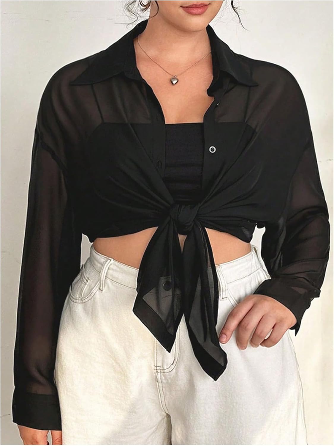 OYOANGLE Women's Plus Size Mesh Sheer Long Sleeve Button Down Shirts See Through Loose Summer Top - Image 3