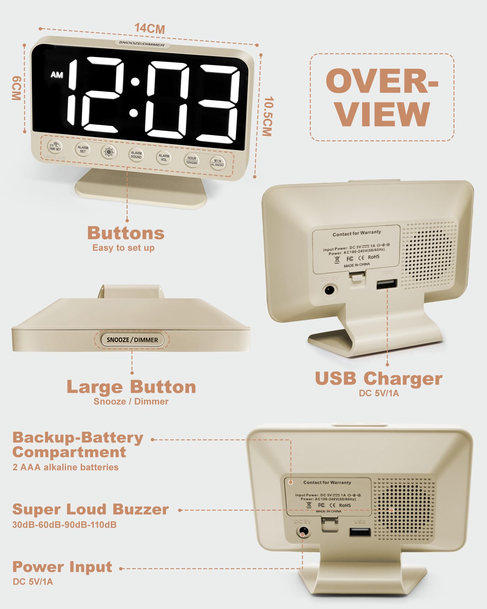 Reloj despertador digital para mesita de noche: reloj despertador fuerte para personas que duermen mucho, repetición, puerto USB, brillo/volumen ajustable, alimentación de red, 12/24 horas