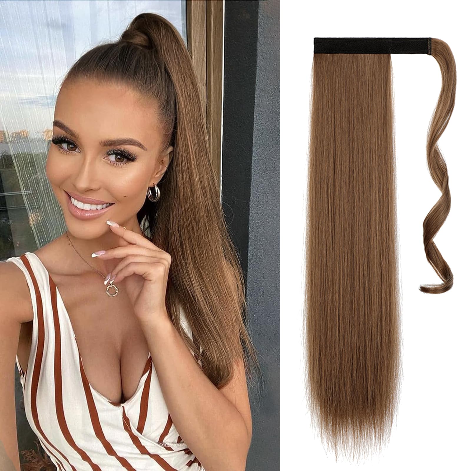Extension Cheveux Naturel Queue de Cheval, 60cm Postiche Cheveux Naturel ponytail, Queue de Cheval Extension rajout cheveux clip naturel 100g