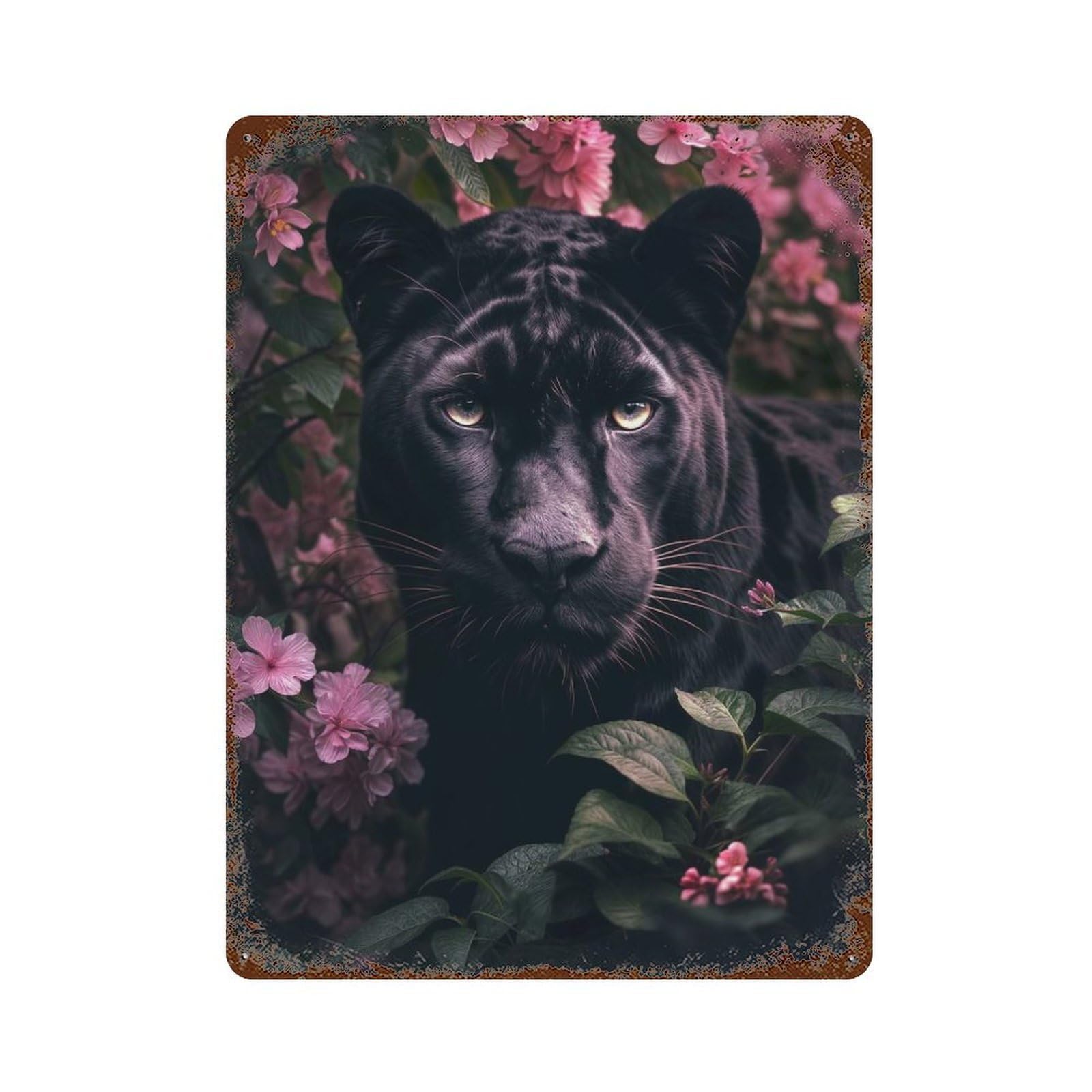 Rusty Metal Tin Sign with Black Panther in Bloom Design 15.7"x11.8", for Shed, Workshop And Garage Wall Decor, Classic Wall Plaque