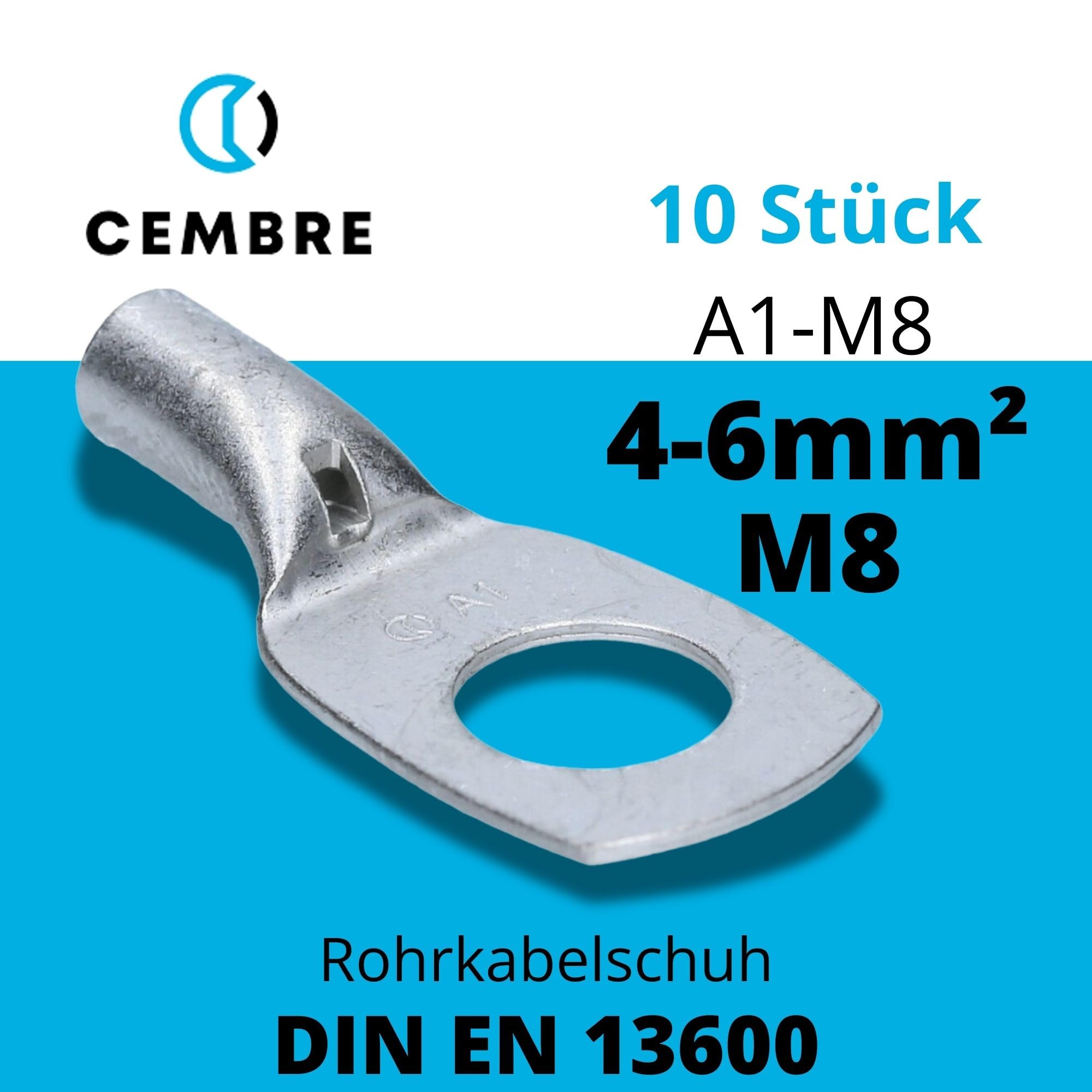 10 sztuk Cembre A1-M8 rurowe końcówki kablowe 4-6mm² M8 nieizolowane z miedzi ocynkowane
