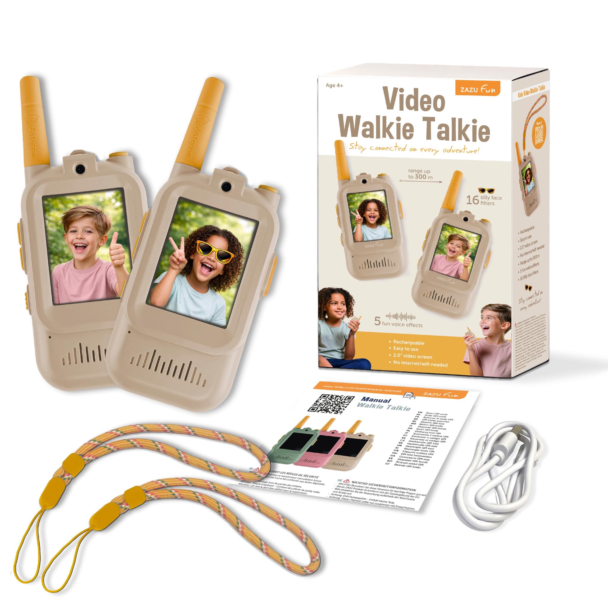 ZAZU Walkie talkie video per bambini con fotocamera, set da 2, portata 300 m, schermo da 2,0", ricaricabile tramite USB, 5 effetti vocali e 16 filtri, radio con video per interni ed esterni (beige)