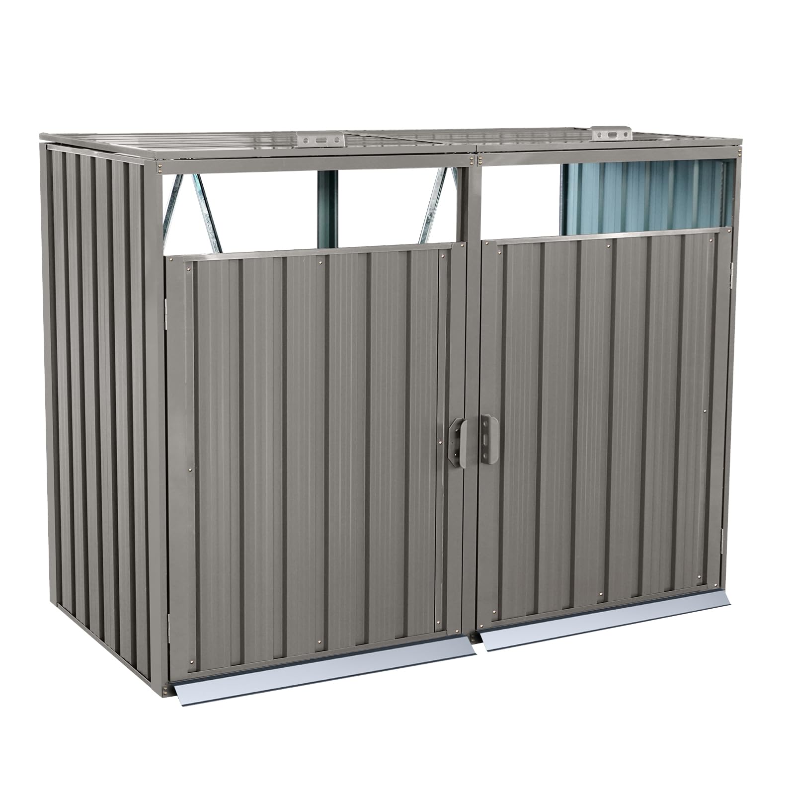 Outdoor Trash Can Storage, Storage Shed for 2 Trash cans and Tools,Waterproof Garbage Bin shed,Metal Trash Can Storage Shed Outdoor for Garden Yard(