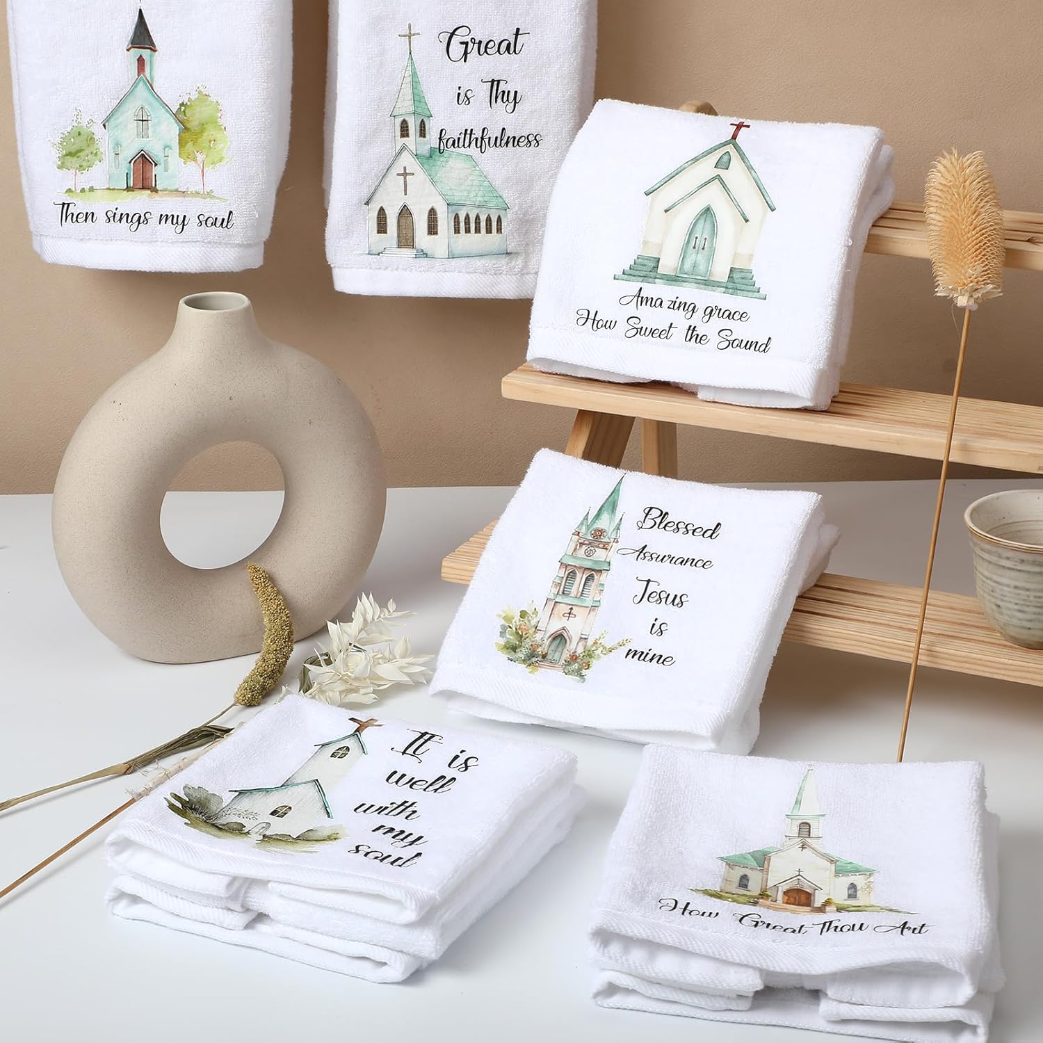 Hahafelt 6 Pcs Christian Church Hymn Tea Towel Gift for Women Bible Verse Scripture Hand Towels Tea Party Favors for Church Mom Grandma Ladies Hostess Gift - Image 3