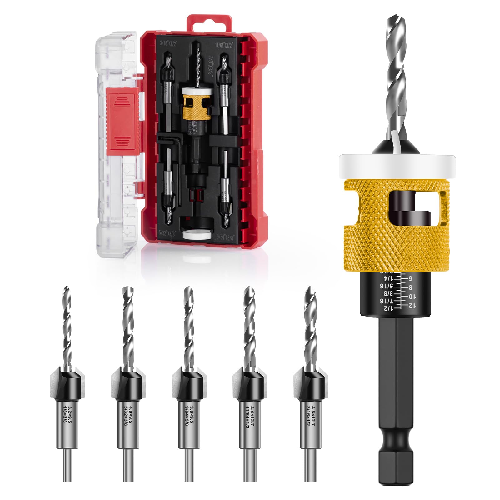 Countersink Drill Bit with Depth Stop,Countersink Wood Set of 5, Countersink Bit Drill with 1/4 Inch Hex Shank