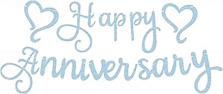 Pre-Strung Light Blue Glitter Wedding Anniversary Banner - Happy Anniversary Decorations & Decor, Photo Booth Props