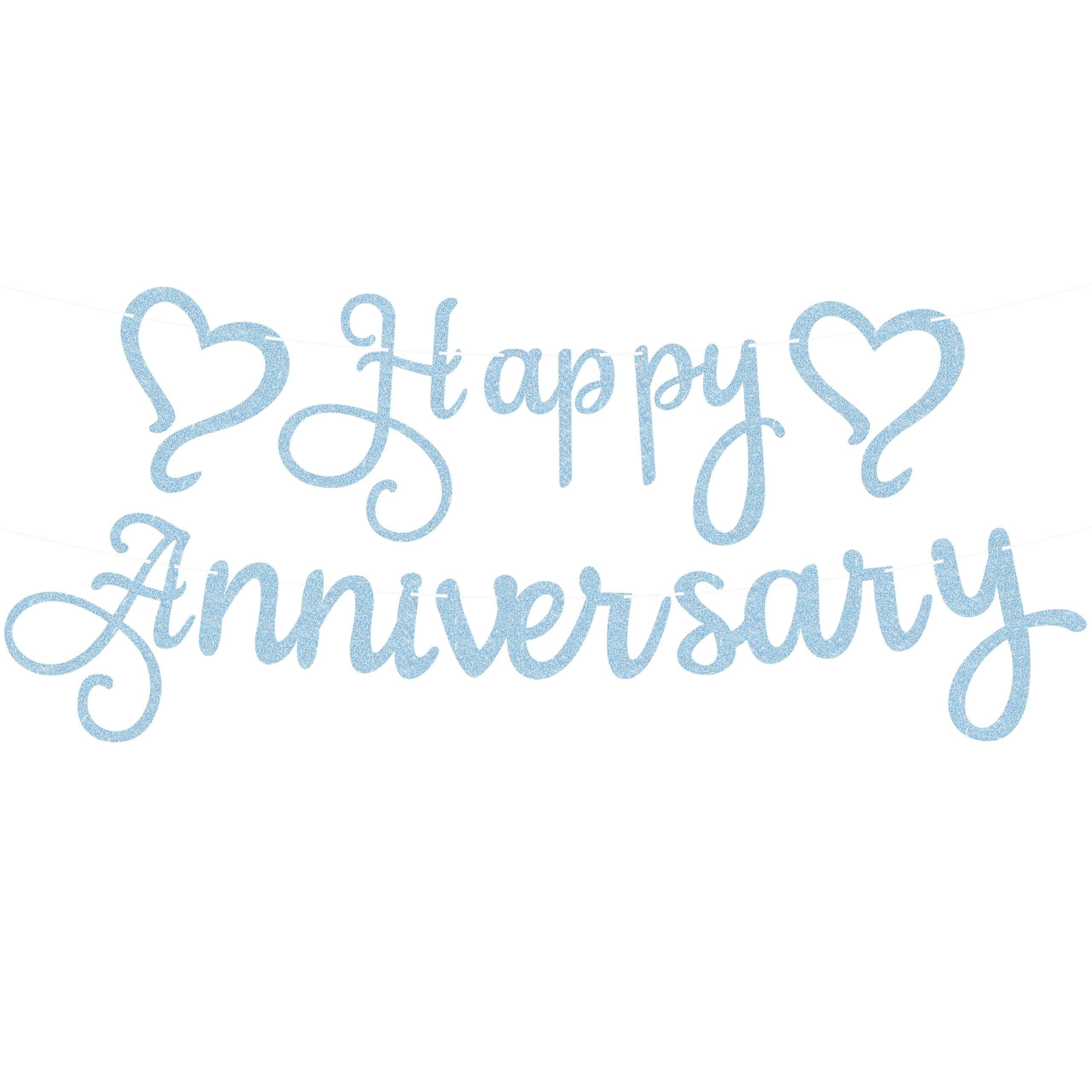 Pre-Strung Happy Anniversary Banner - Light Blue Glitter Wedding Anniversary Decorations & Decor, Photo Booth Props