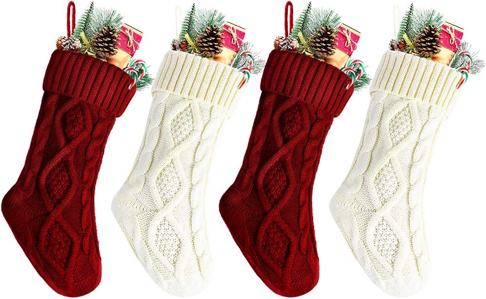 18" Green and Ivory Knit Christmas Stockings for Fireplace Holiday Decor,4 Pack image 4