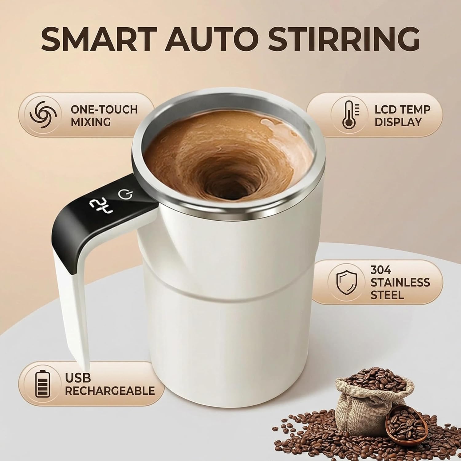 2026 Upgraded Auto Stirring Coffee Mug with LCD Thermometer, 316 Stainless Steel 13oz/380ml Magnetic Stir Cup with Lid, Leakproof for Coffee Milk Cocoa (Pink) - Image 2