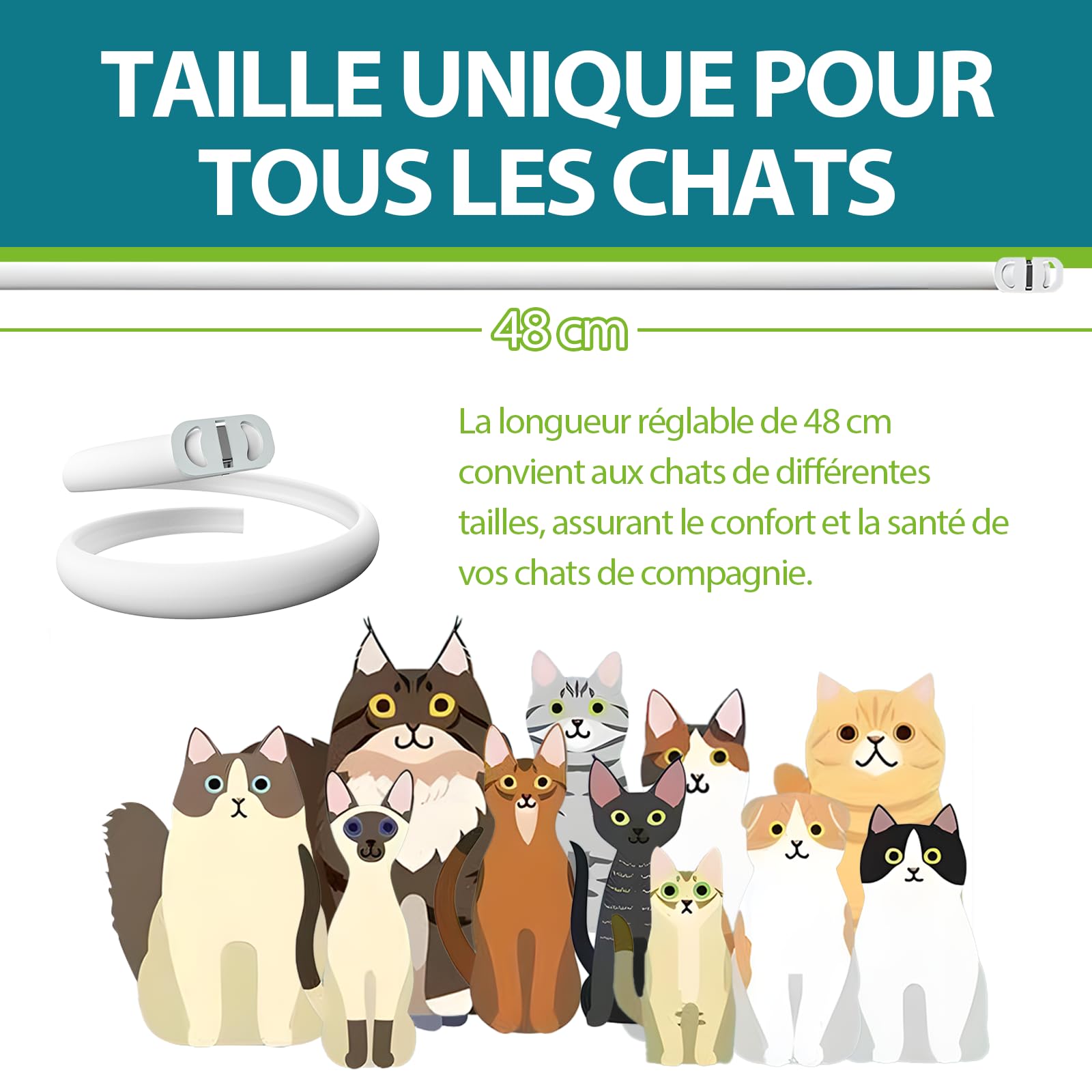 Collier Anti-puces pour Chat, Sûr Et Efficace Collier Anti Tique Chat, Fabriqué avec des Huiles Essentielles Naturelles, Adapté Aux Petits, Moyens Et Grands Chats, Efficace Pendant 10 Mois (48cm)