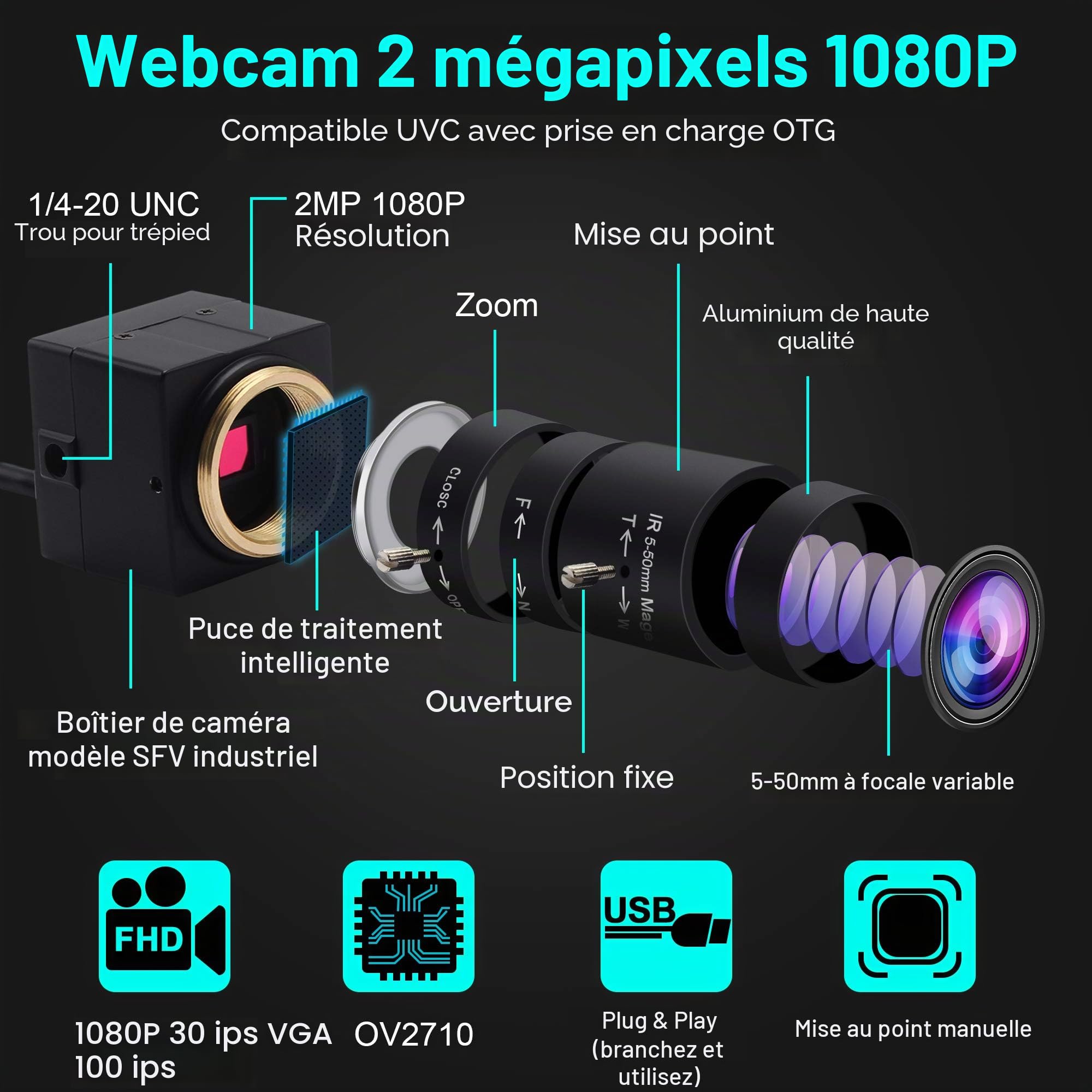 ELP Caméra 1080P 5-50 mm 10x Zoom Optique Manuel, USB 2 MP Avec Capteur CMOS OV2710, Streaming à Taux d'Images Élevé, Enseignement, Webcam Pour OpenCV Window/Linux/Raspberry Pi
