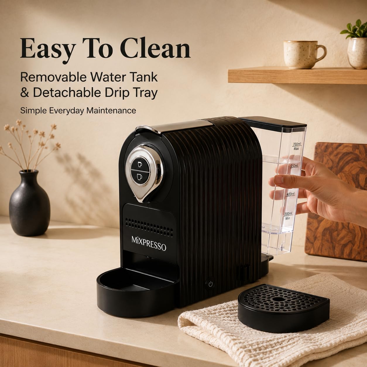 Mixpresso Cafetera espresso negra – Cafetera compacta de 1400 W, compatible con cápsulas Nespresso OriginalLine, operación de un solo toque, bomba italiana de 19 barras, tanque de agua de 26 onzas