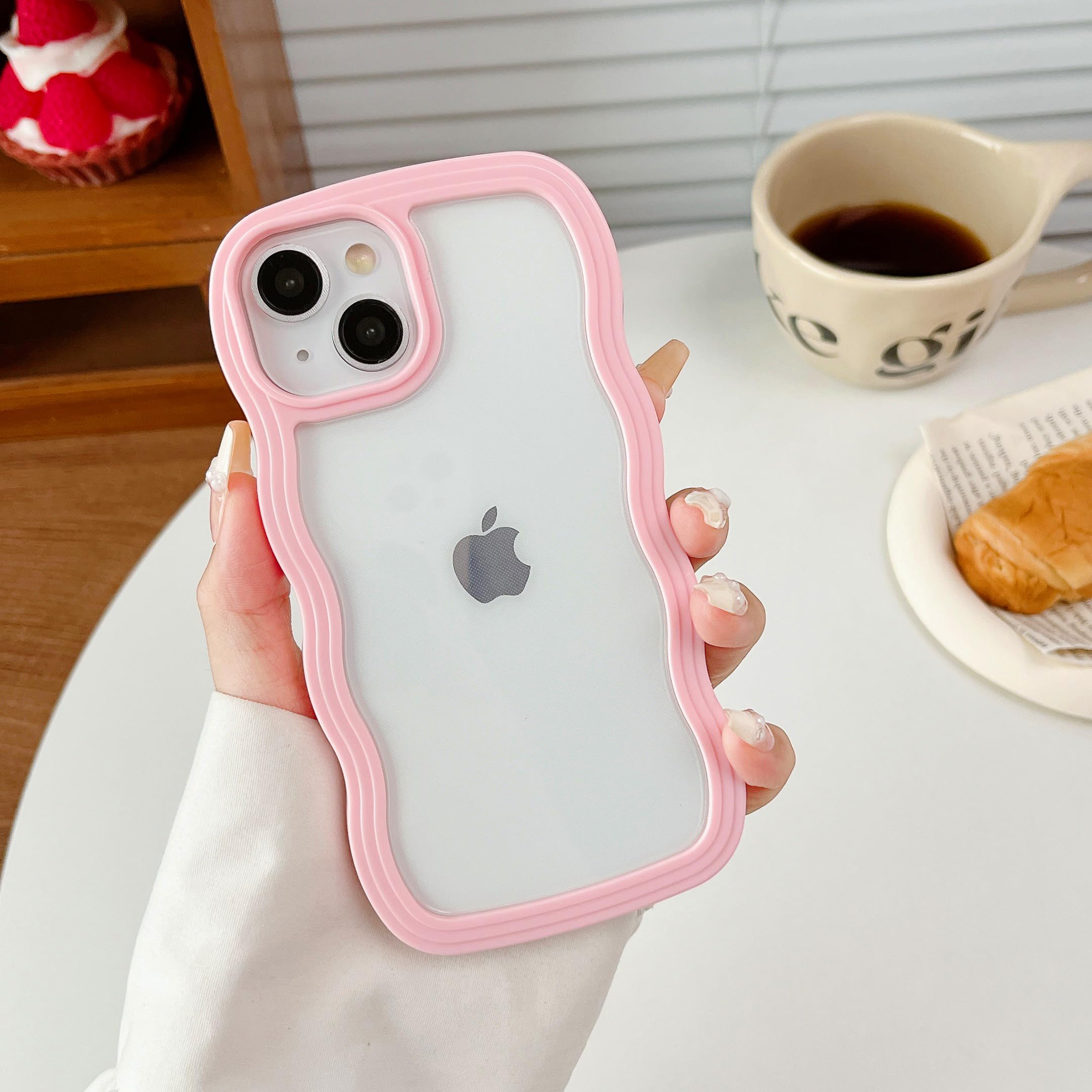 XIZYO Clear Case for iPhone 15 6.1 Inch, Cute Transparent Curly Wave Frame Aesthetic Design Soft TPU Bumper Case, for Women Girls Slim Shockproof Protective Phone Case, Pink