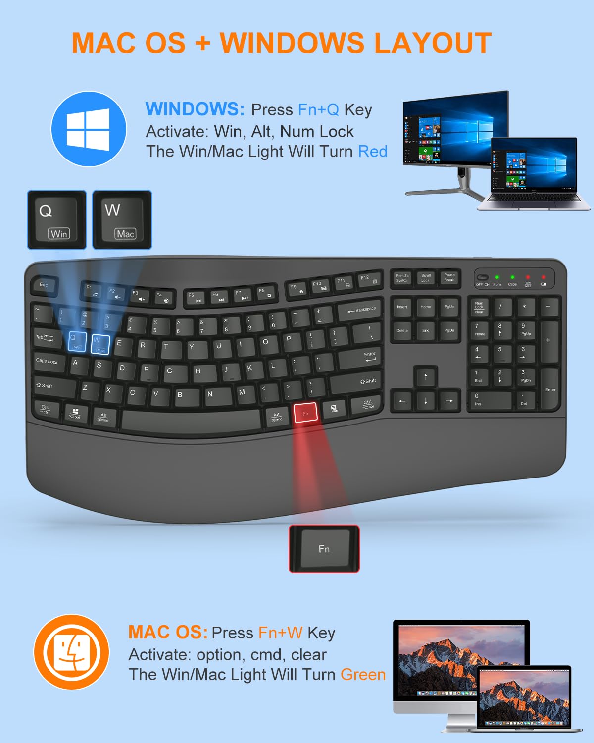 EDJO Tastiera ergonomica senza fili con poggiapolsi, tasti Wave, per mani grandi, 2,4 GHz, tastiera per computer Ergo cordless USB, comoda digitazione naturale, per laptop, Mac, Windows (grigio)