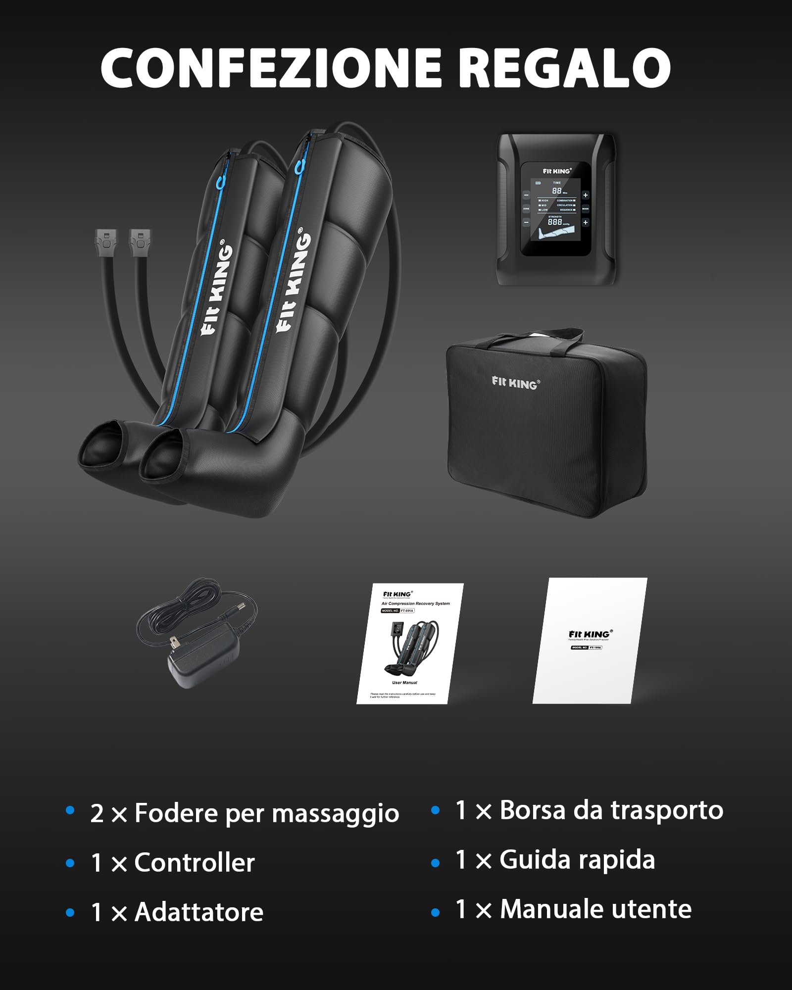 FIT KING Massaggiatore Gambe a Compressione d‘Aria Ricaricabile Senza Fili, Massaggio con 4 Zone Regolabili, 3 Modalità e 12 Intensità, Ideale per Recupero Sportivo e Relax Quotidiano (Medio)