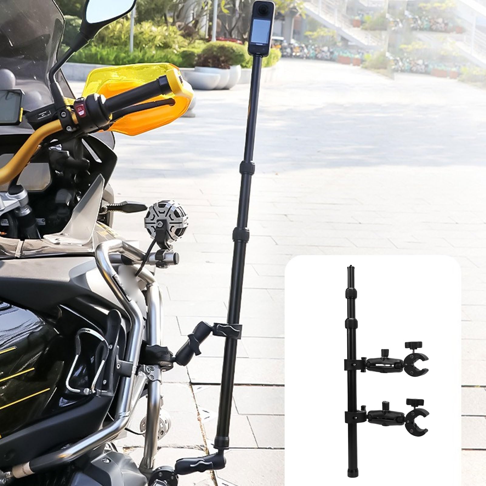 Yctze Zestaw do montażu kamery motocyklowej, uchwyt na kierownicę rowerową, podwójny zacisk z 47-calowym kijem do selfie Stick do kamer sportowych Insta360 GO 2 GO 3 X3 X4 ONE X2 RS R