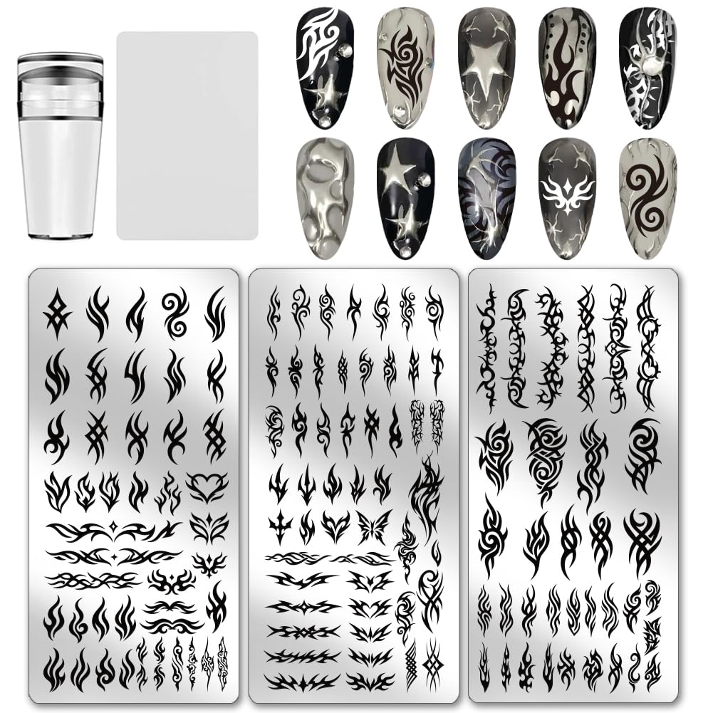 PH PandaHall 3 placas de estampado de uñas estilo tribal con patrón de remolino, plantillas de arte de manicura gótica, plantillas de arte de manicura con llama, mariposa, placa de sello para mujeres