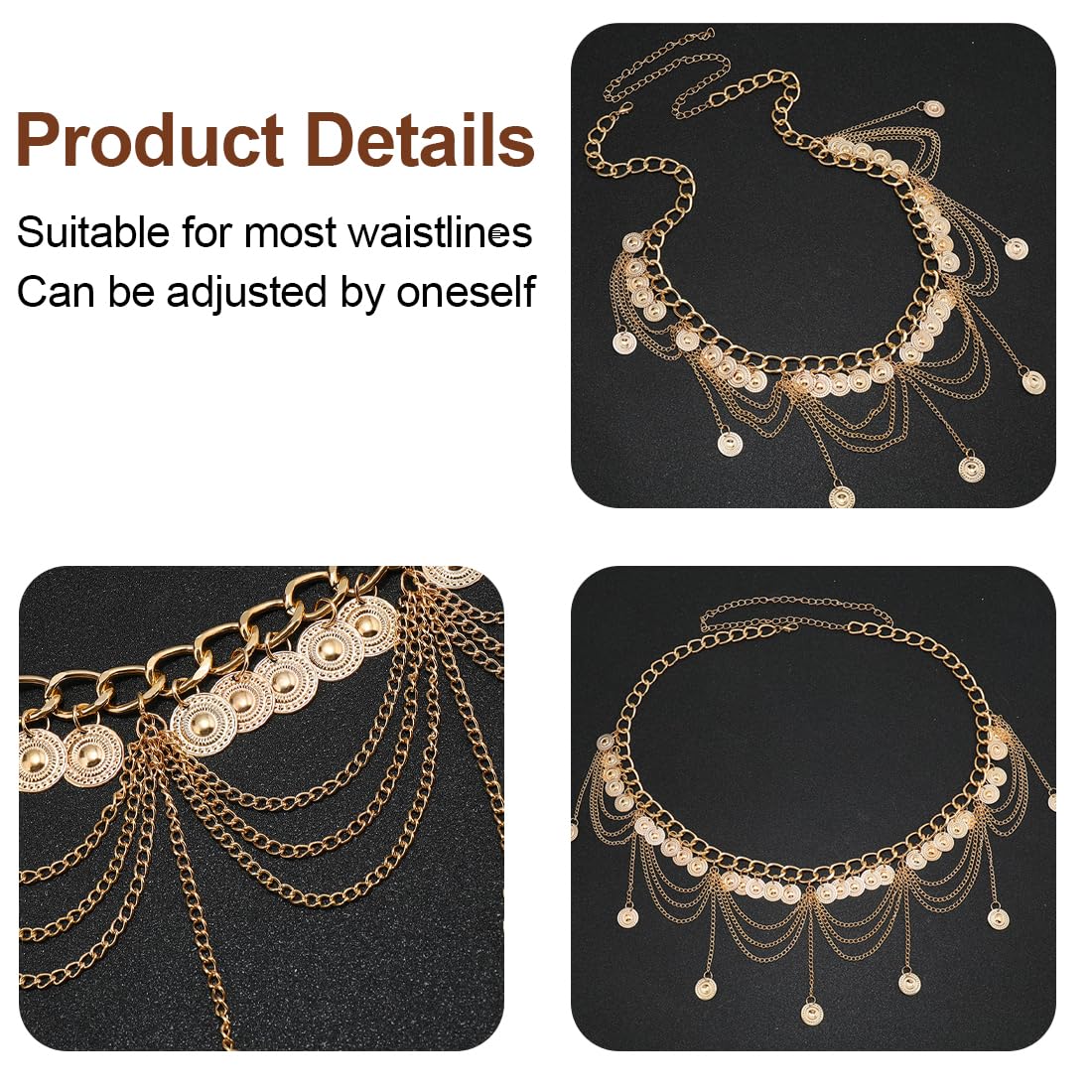 Cadenas de cuerpo,Cinturones para mujer,Accesorio de cadena para cintura para danza del vientre con colgante de borla, longitud de cadena 70 cm + cadena alargadora 30 cm (oro)