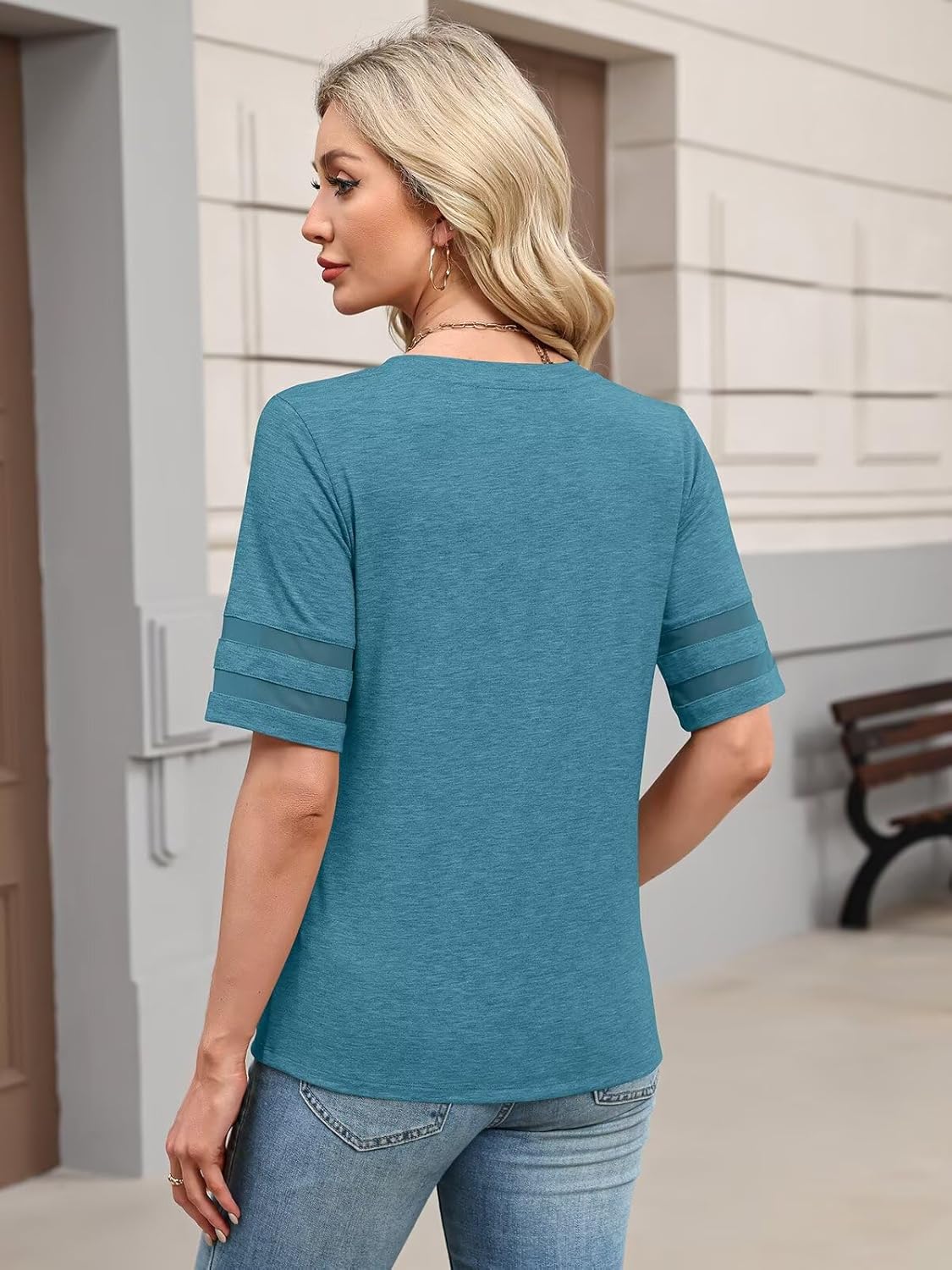 Women's V Neck T Shirts Mesh Panel Short Sleeve Tops Casual Summer Tees - Image 4