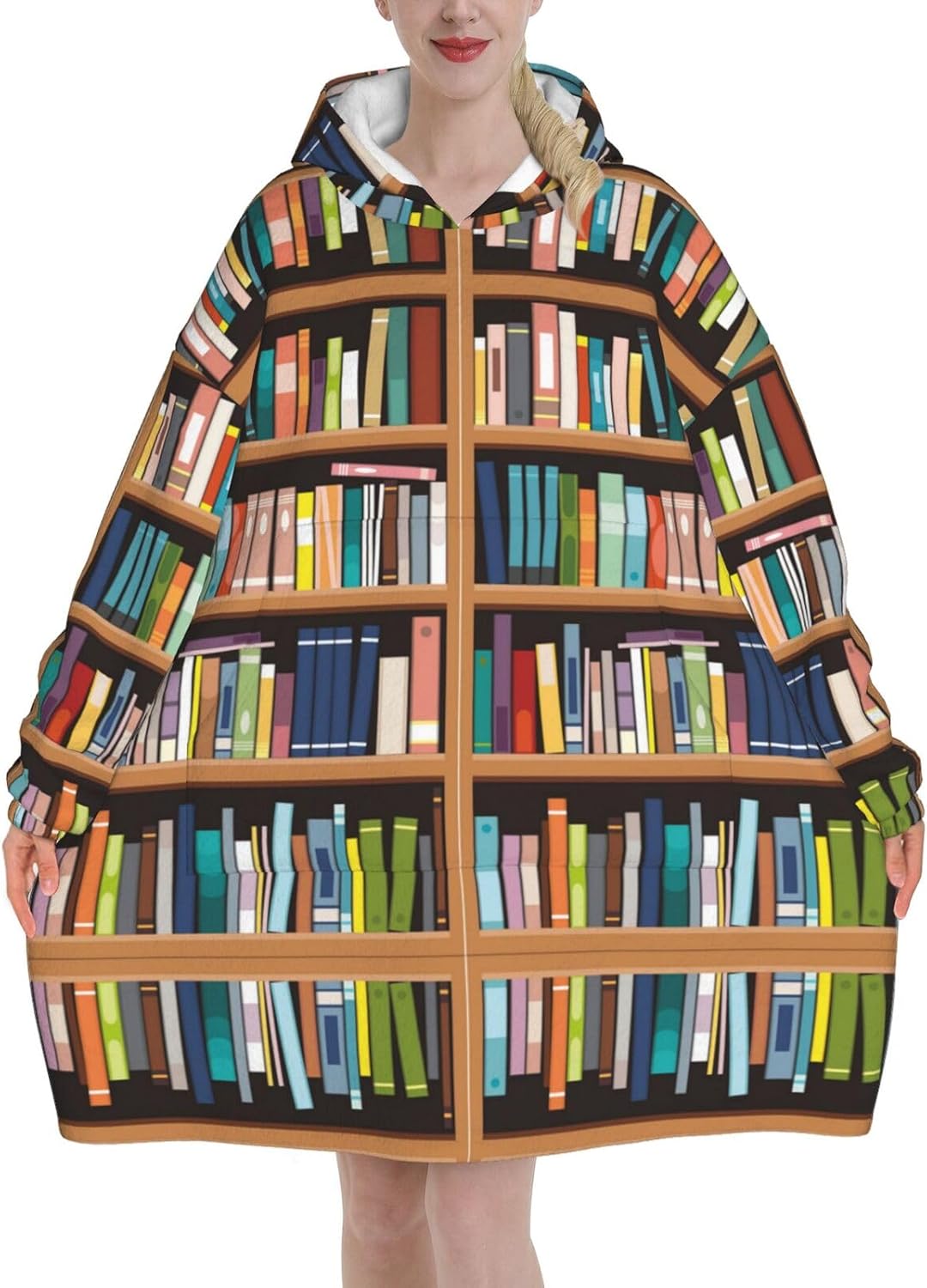 MUSM Library Bookshelf Print Blanket Hoodie Fleece Sweatshirt Blanket With Sleeves And Pockets