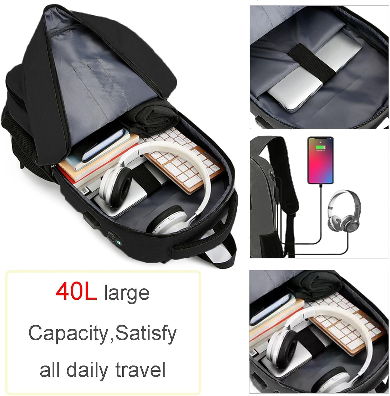 17 Inch Laptop Backpack Large Capacity Backpack with Cooler Compartment for Travel Camp Anti-Theft Work Business Shoulders Bag with USB Charging Hole And Headphones Hole Waterproof and Durable Black