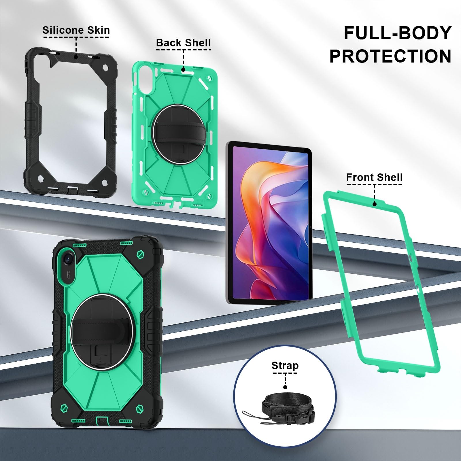 Do Xiaomi Redmi Pad 2 11 cali (2025) Odporna na wstrząsy, wytrzymała obudowa hybrydowa z silikonu obrotowym stojakiem 360°, silikonowa osłona poliwęglanu regulowanymi paskami ramię/nadgarstki(Ye?il)
