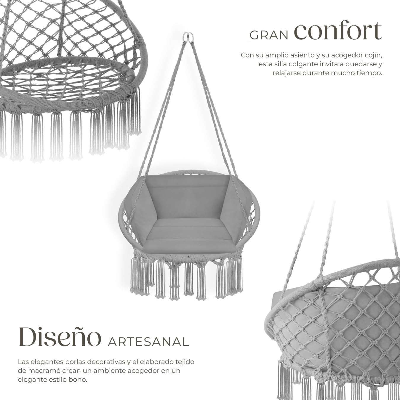 tectake® Columpio Jardín Exterior, Silla Colgante con Cojín Grande y Mullido, Sillón Balancín con Estructura Estable de Acero, Hamaca Colgante para Interior y Exterior, Trenzado en Algodón - Gris