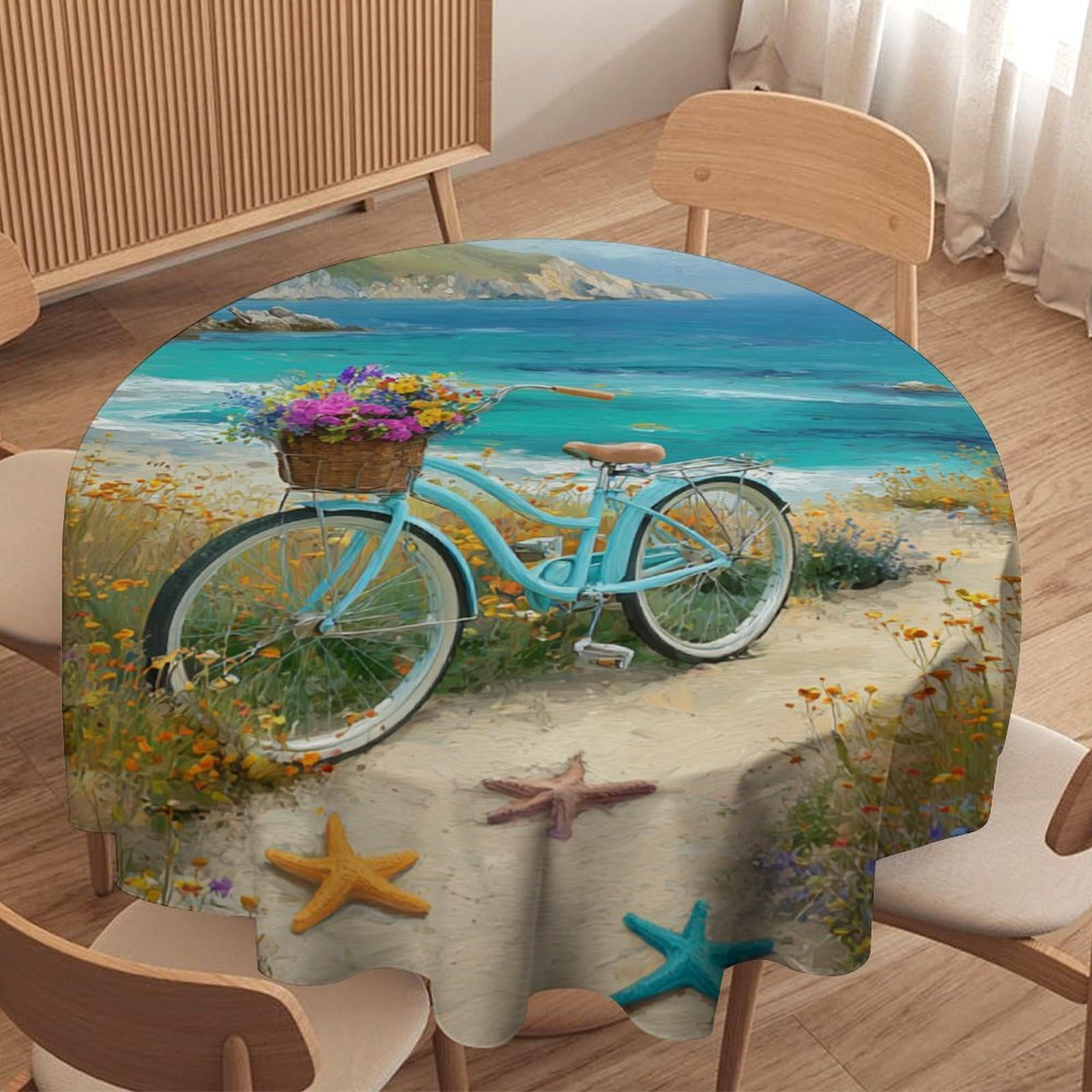 LUYYSKY Classic Abstract Coastal Beach Round Tablecloth Oil Painting Nautical Ocean Seascape Animal Seagull Bicycle Washable Decor for Table Cover for Kitchen-152.4" Wx152.4 L cm