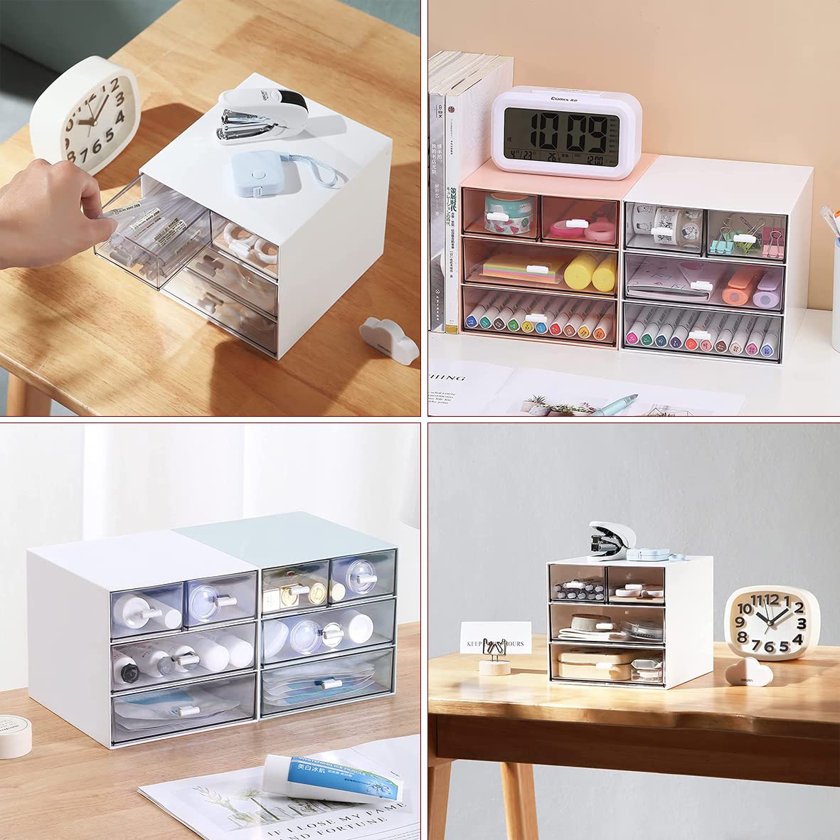 Schreibtisch-Aufbewahrung, Make-up-Aufbewahrungsbox mit 4 Schubladen, Kunststoff, Bürobedarf, Schreibtisch-Organizer für Büro, Schule, Zuhause und Badezimmer (Rosa)