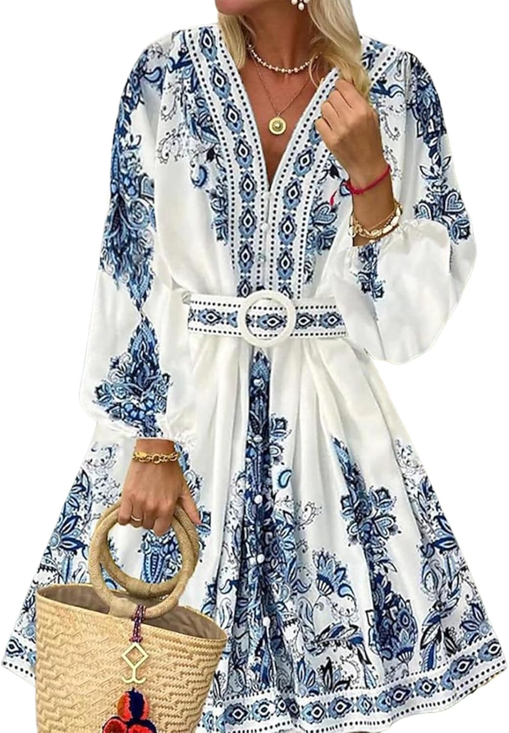 Women's Long Sleeve Dress Spring Summer Aline Boho Dresses White V Neck Empire Waist Mini Dress with Belt Small Blue