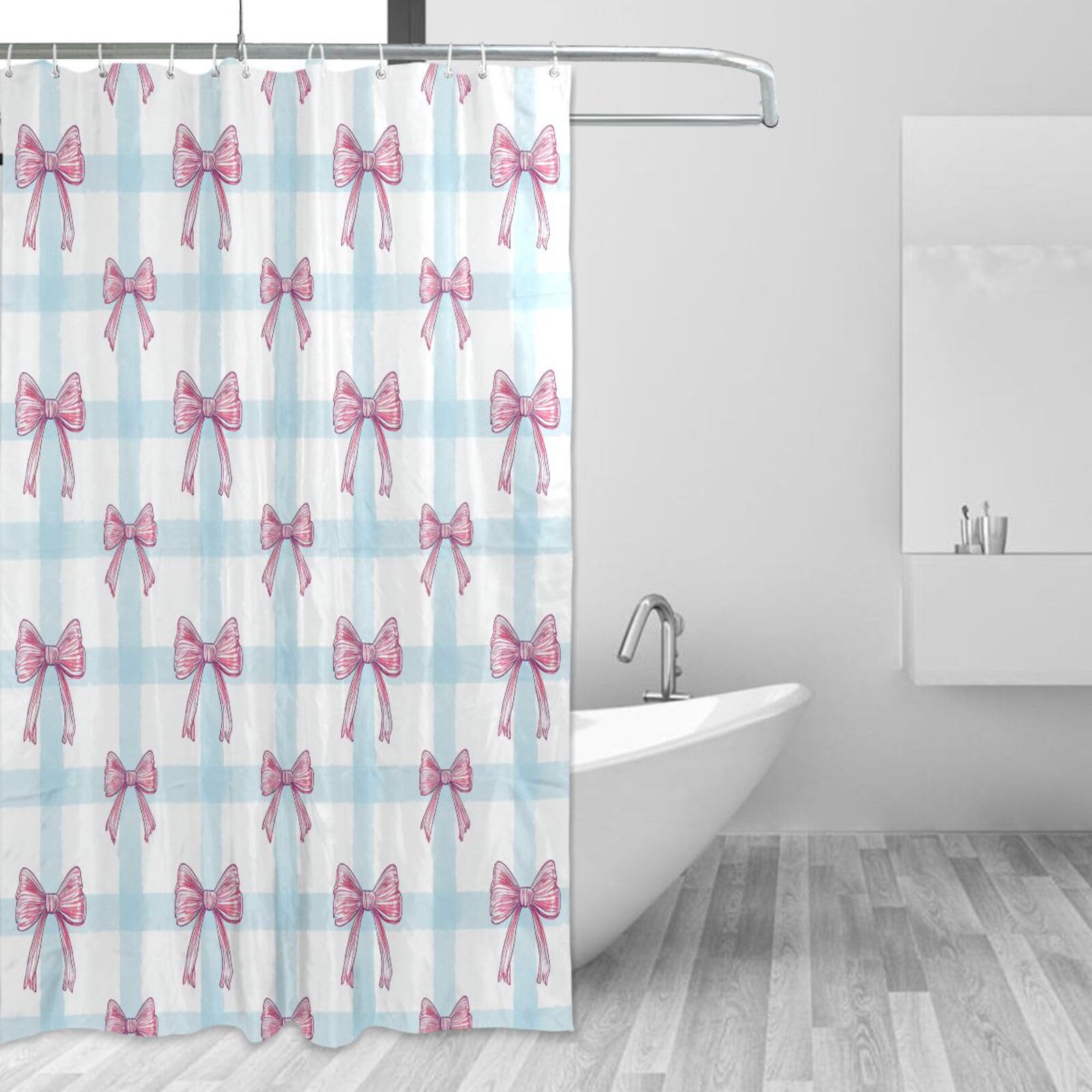 Rideau de douche anti-éclaboussures en tissu rose imperméable lavable avec crochets