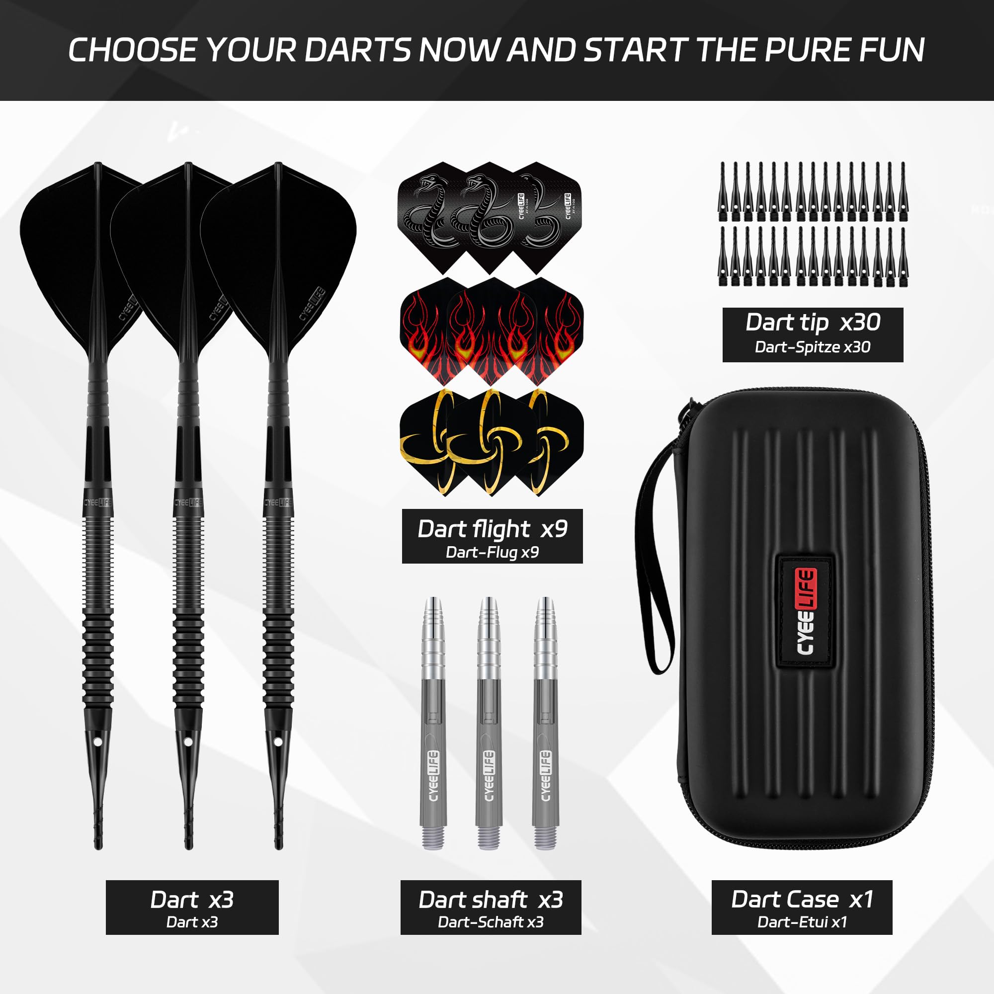 CyeeLife Dartpfeile mit Kunststoffspitze 90% Tungsten 3 Stück 90% Wolfram Soft Darts,Professionelles Darts Set mit Flights, Schäfte und Spitzen