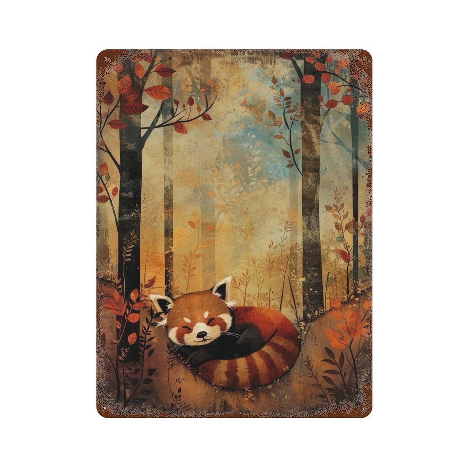 Autumn Red Panda 15.7"x11.8" Aged Metal Wall Plaque, Classic Wall Plaque for Basement, Hobby Room And Garage Decor