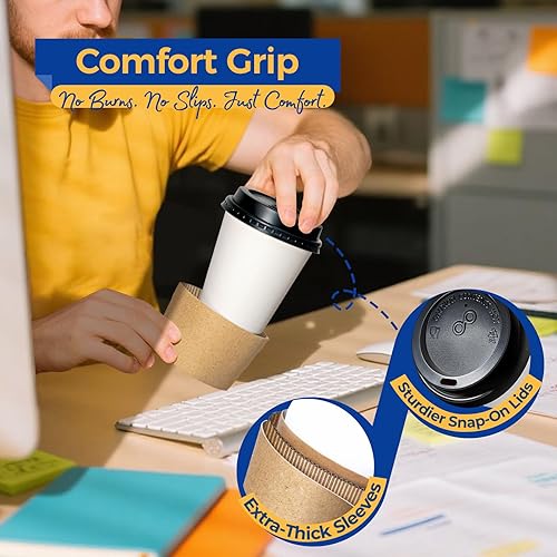 Miniatura 8 de Fit Meal Prep Paquete de 100 tazas de café desechables de 10 onzas con tapas, mangas y agitadores, tazas de café prémium con tapas, taza de papel