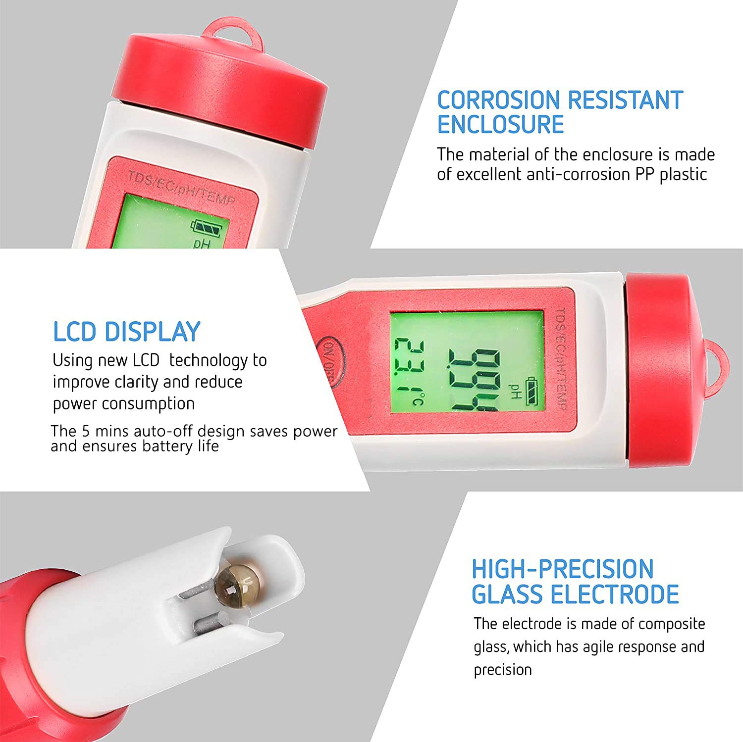 4-en-1Testeur PH Mètre Électronique, PH Mètre avec écran LCD rétro 4-en-1Testeur PH Mètre Électronique, PH Mètre avec écran LCD rétro