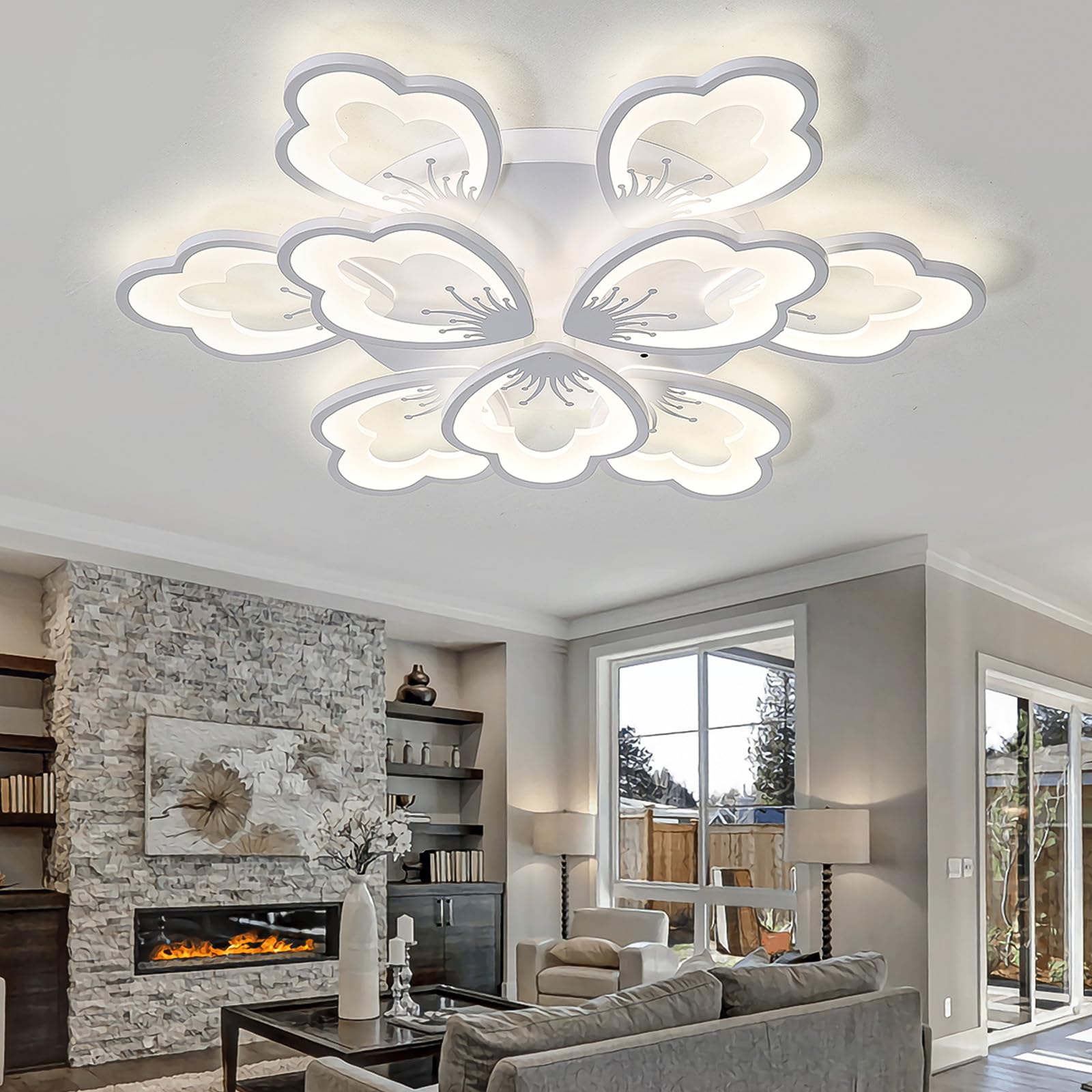 KXEcoLife Dimmable LED Flower Ceiling Light with Remote Control, 3000-6000K Adjustable Brightness, Modern Chandelier for Bedroom & Living Room, Smart APP Compatible - 80cm White Fixture