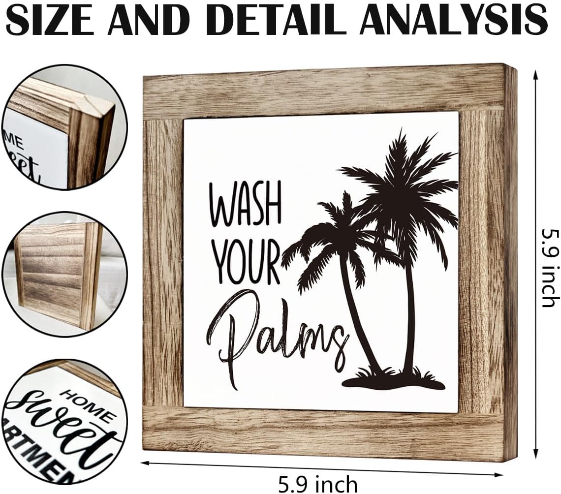 Wooden Box Sign for Bathroom Decor - Farmhouse Tabletop Washroom Decor, Tropical and Coastal Style - B6-68 Wash Your Palms Sign image 2
