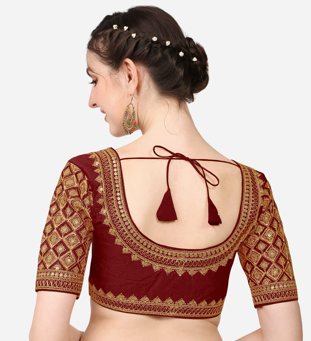 Pujia Mils Women's Silk Flower Embroidery Half Sleeve Blouse (Simba 2_Maroon_38)