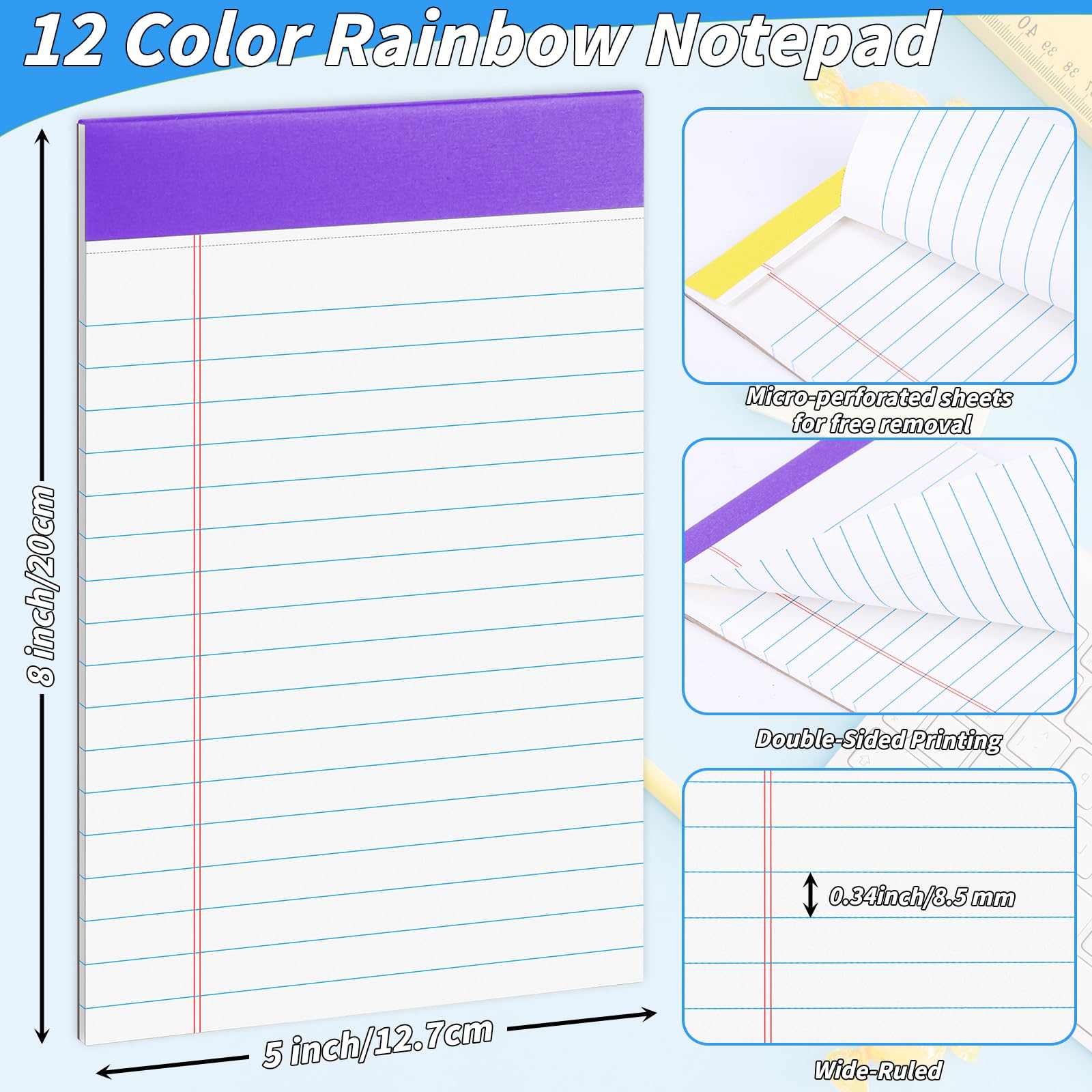 Confezione da 36 blocchi legali, blocco note arcobaleno da 12,7 x 20,3 cm, blocco note perforato a righe per lavoro, studio, lista di appunti quotidiani, fogli a righe, ricariche per appunti, per