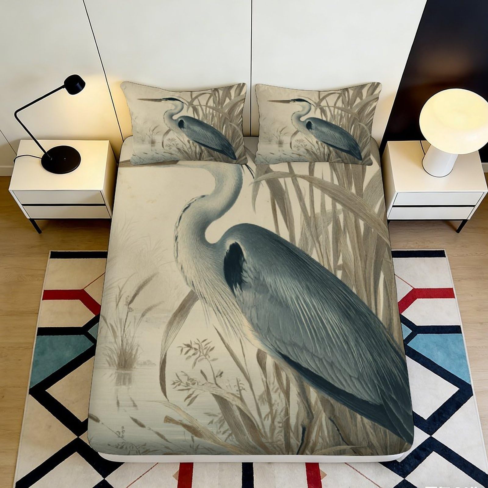 Uxinyoume Style-9 3D Printed Heron Wetland Fitted Sheet Microfiber Soft Breathable Crane Bed Cover For Bedroom Dorm Decor Mattress Protection 90X200x25cm