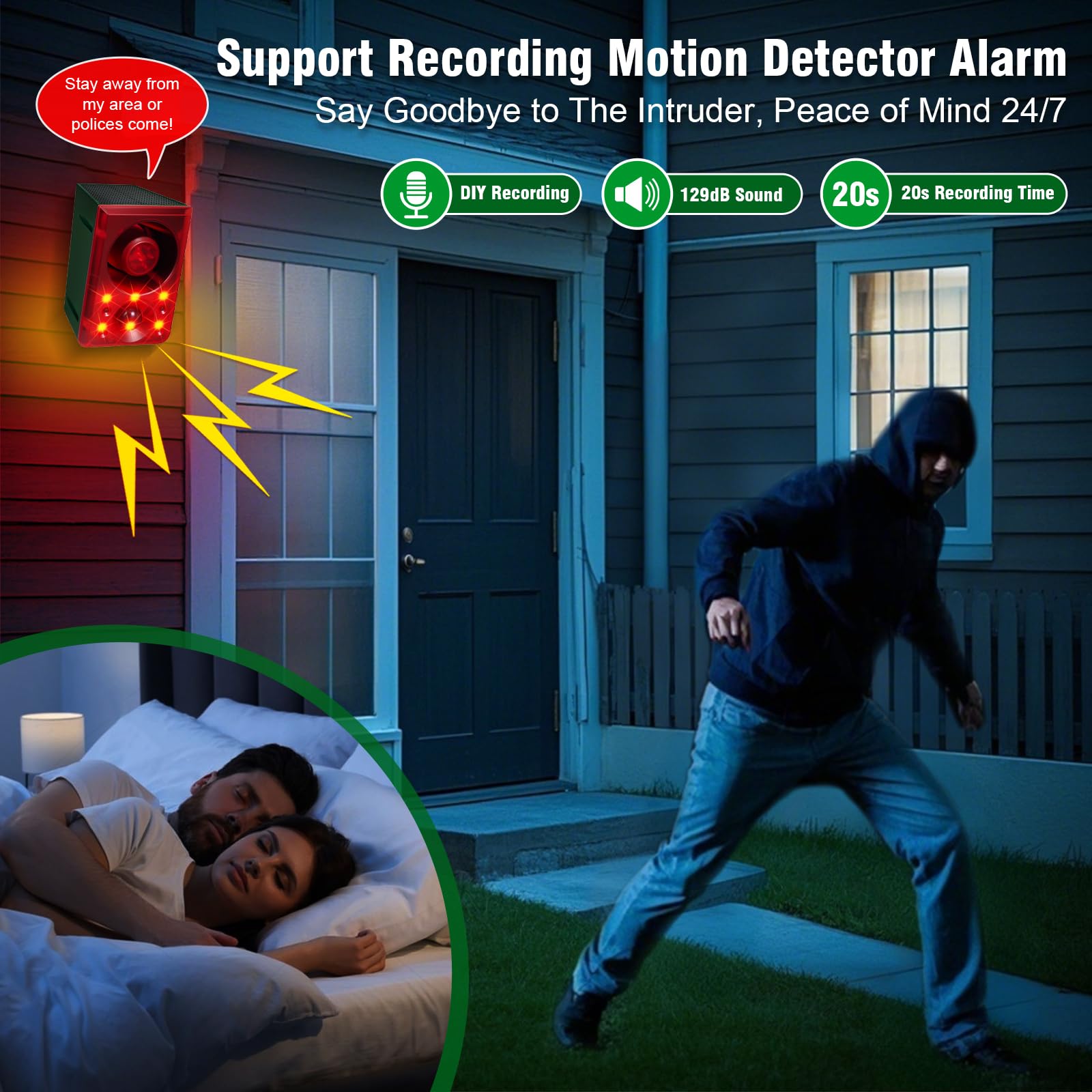ChunHee Alarma solar con sensor de movimiento para exteriores con sonido de disparo de ladrido de perro, grabación de soporte y volumen ajustable, alarma detector de movimiento de 130 dB con control
