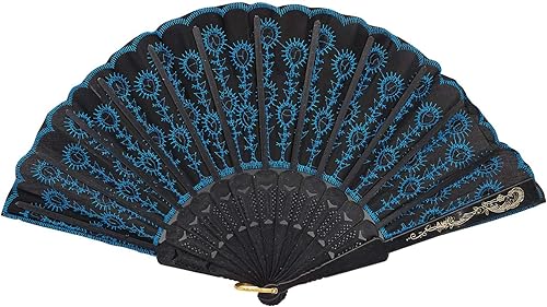 Miniatura 3 de Innolife Elegant Colorful Embroidered Flower Peacock Pattern Sequin Fabric Folding Handheld Hand Fan Hand-Crafted (Sky Blue)