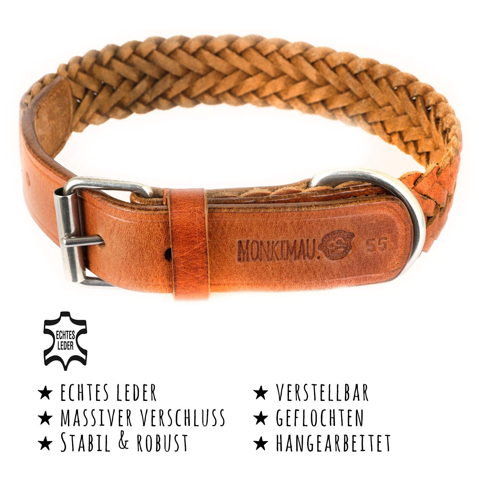 Monkimau Halsband für Hunde aus echt Leder geflochten verstellbar (55 - (30mm))