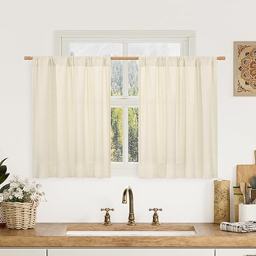 LAMIT Beige Linen Curtains 30 Inches Long, Faux Linen Textured Light Filtering Drapes for Kitchen Cafe, Rod Pocket Boho Neutral Window Panels for Small Windows/Basement, 2 Panels, 42 x 30 Inch