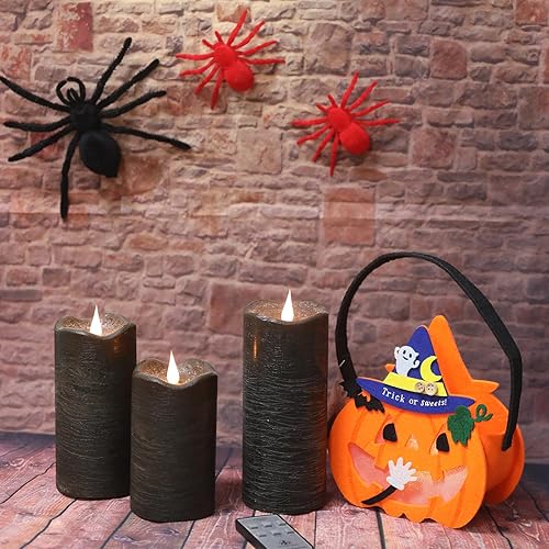 Miniatura 3 de Velas negras sin llama de Halloween con temporizador remoto, velas que funcionan con pilas con llama móvil 3D parpadeante, velas LED de cera real